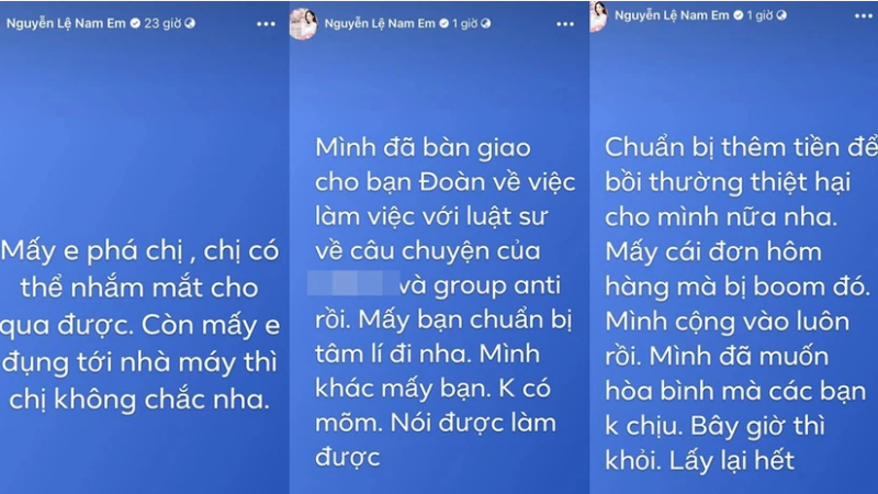 Nam Em bất ngờ livestream nói: Đang làm việc với luật sư để kiện antifan vì, gây ảnh hưởng đến công việc kinh doanh. Kèm theo thông điệp: Hãy bay vào hố đen vũ trụ mà ta.o đang cầm trên tay